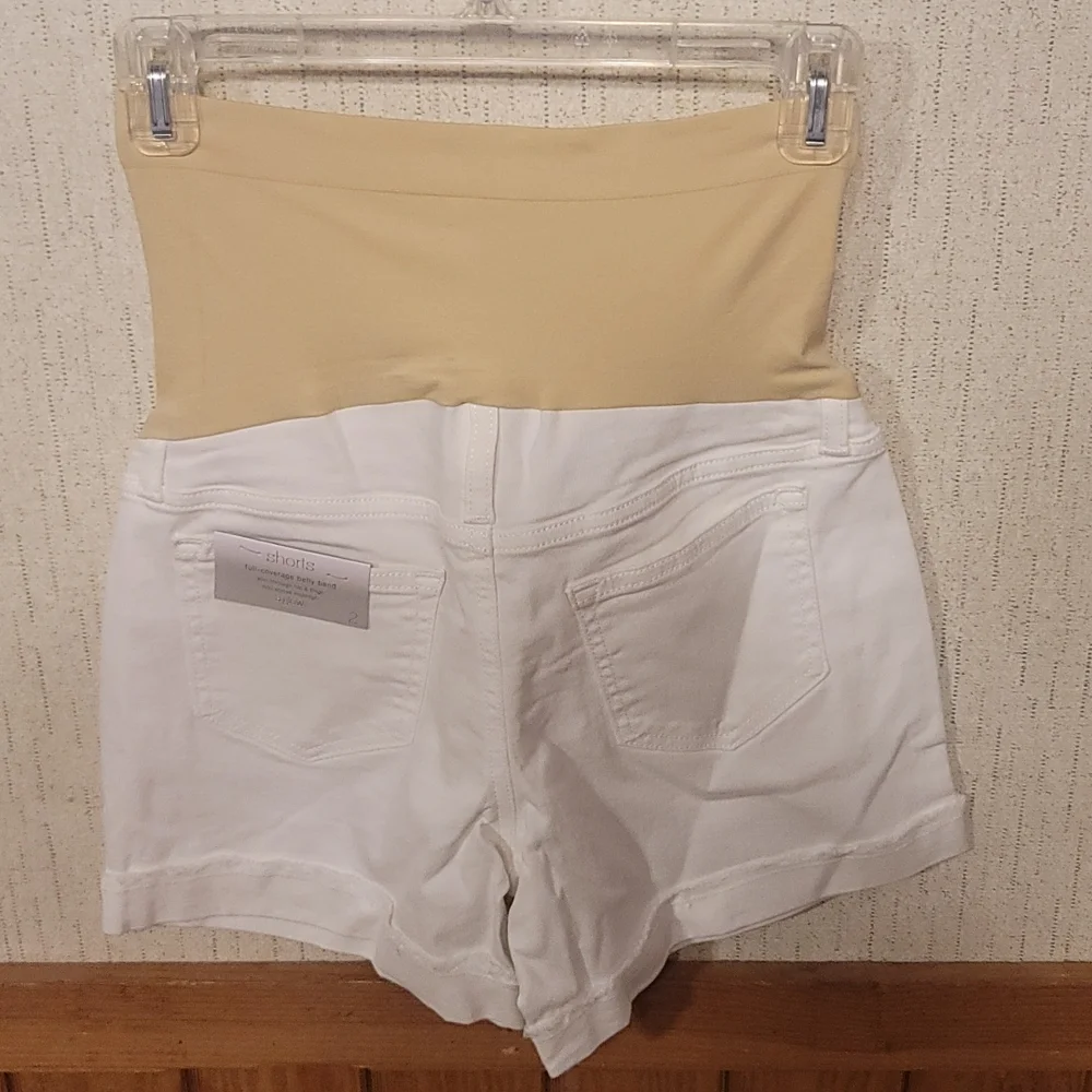 A:GLOW MATERNITY DENIM SHORTS: FULL PANEL: WHITE: NWT: SZ 2